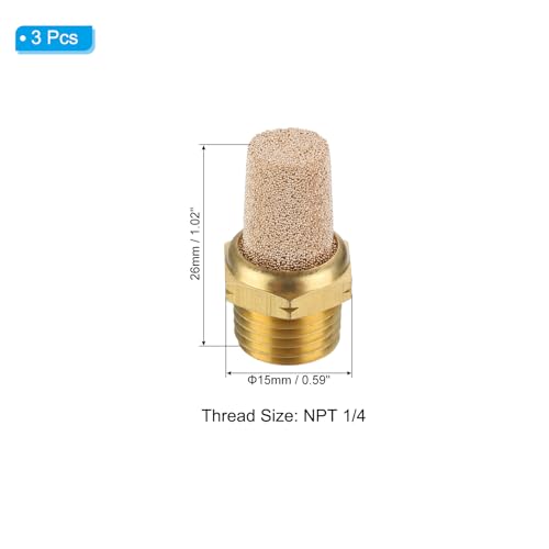 PATIKIL Pneumatic Muffler NPT 1/4, 3 Pack Sintered Bronze Brass Air Compressor Exhaust Muffler Filters Air Solenoid Valve Muffler Fitting for Automation Pneumatic Equipment, Golden