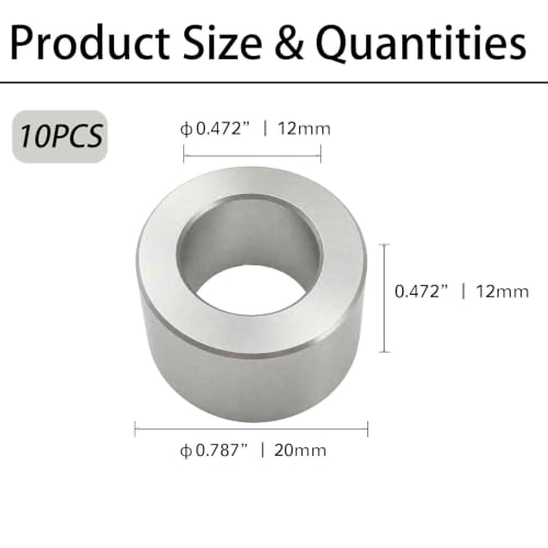 10Pcs 304 Stainless Steel Spacer, 12mm Bore x 20mm OD x 12mm Length, Round Metal Standoff Bushing for M12 Screws Bolts Rods, Corrosion Resistant 0.79 x 0.47 x 0.47 inch 10