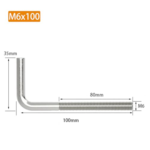 (15 Pieces) M6x100mm L Shape Foundation Bolts 304 Stainless Steel Right Angle Anchor Bolt Long Square Bend Screw M6x100