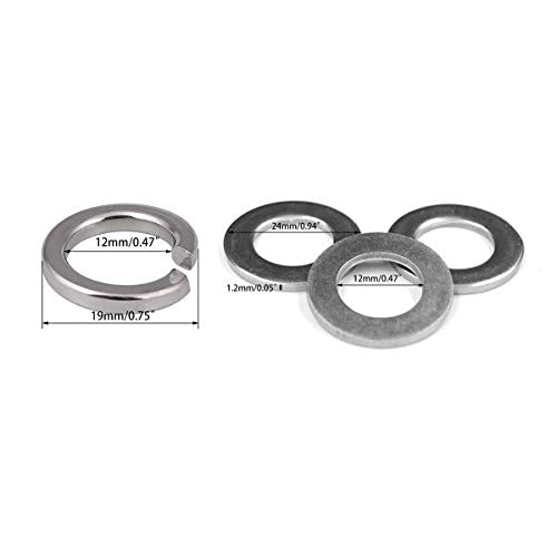 M12 304 Stainless Steel Flat Washer and Split Spring Lock Washer Assortment Set, 50Sets /Pack (M12)