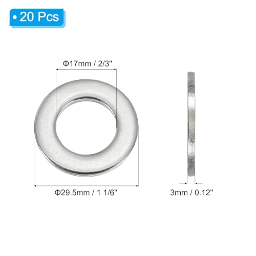 PATIKIL 304 Stainless Steel Flat Washer, 20 Pack 2/3" ID x 1 1/6" OD x 0.12" Thickness Metal Fender Washers Lock Washers for Screws Bolts Assortment M16x29.5mm