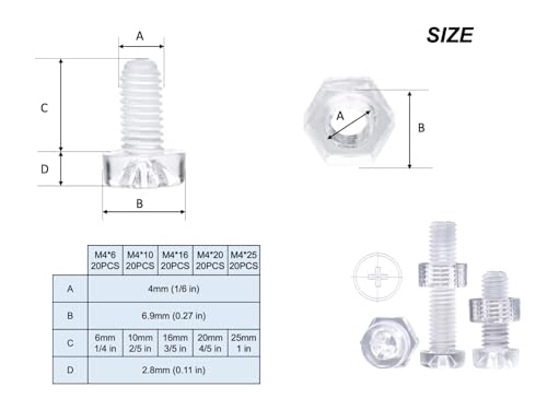 200 pcs Acrylic Screws and Nuts M4 Kit Metric Diameter 4mm