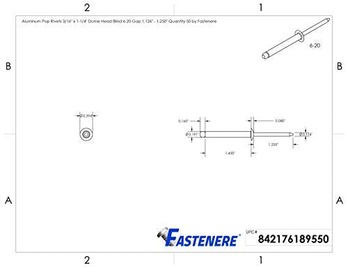 Fastenere Pop Rivets - 3/16" x 1-1/4" (25pcs) Heavy Duty, Open-End, Aluminum, Dome-Head Blind Rivets, Corrosion-Resistant, High Tensile & Shear Strength, 6-20 Gap 1.126"-1.250" 3/16" x 1-1/4" (6-20) (25 Pack)