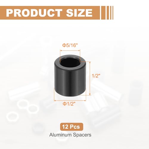 PATIKIL 12PCS Aluminum Spacers, 5/16 x 1/2 Metal Spacers Aluminum 1/2 L Spacer Screw Standoff Round Unthreaded Standoff Bushing for 5/16inch Screw Bolts, Black