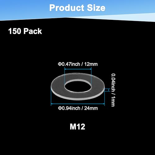 M METERXITY 150-Pack M12 PVC Flat Washers, 12mm ID 24mm OD 1mm Thick Plastic Clear Shower Door Handle Washers Spacer for Automotive/Towel Bars Replacement, Sealing Spacer Gasket Ring M12 12mm x 24mm x 1mm