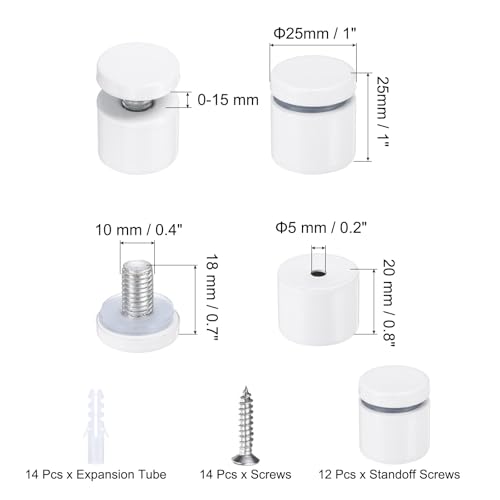 uxcell 12 Pcs 1" x 1" Standoff Screws Stainless Steel Wall Mount Sign Mounting Hardware Kit with 14pcs Screws for Hanging Acrylic Glass Signs Advertising Boards, White 1" x 1"