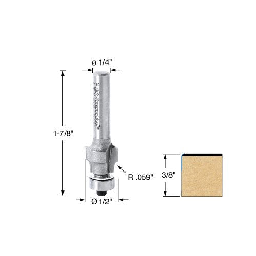 Amana Tool - 47150 Carbide Tipped No-File Trim .059 Radius x 1/2 Dia x 3/8 x 1/4" Shan .059 R x 1/2 Dia x 3/8 x 1/4" SHK