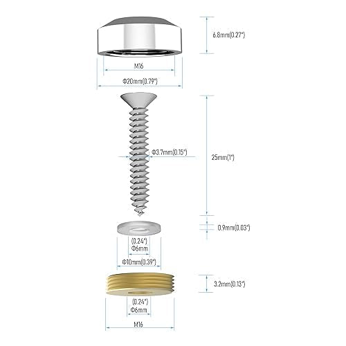 8 PCS 20mm Mirror Screws, Beveled Silver Lid, Bright Silver