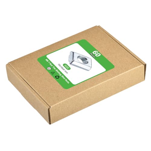 uxcell 60Pcs M8 T Nut Tee Sliding Slot Nuts, T-Slot Nut Hammer Nut Block Square Nuts Fastener Carbon Steel Nickel Plated for Aluminum Extrusion Profile 3030 Series M8-1.25x16x16x6mm 60
