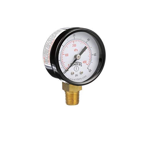 Winters 2 inch Dial Size, Economy Utility Dry Pressure Gauge, Brass Internals, Black Steel Case, Dual Scale 30 inch Hg-0 Vac/kPa, 3-2-3% Accuracy, 1/8 inch NPT Bottom Mount, Vacuum Pressure Gauge 30" Hg VAC/KPA