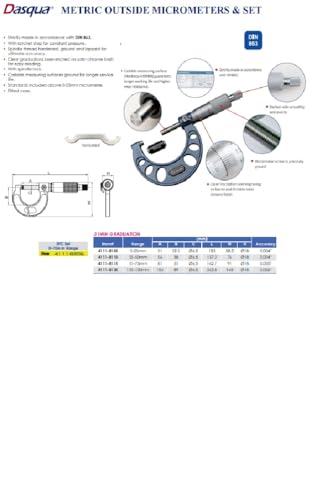 Dasqua 4111-8115 Outside Micrometer, 50-75mm Range, 0.007 Accuracy 51-75mm