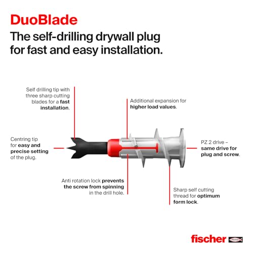 fischer DuoBlade 1-3/4" (44 mm) Self-Drilling Drywall Anchors PZ2 Drive for Plasterboard and Gypsum Board - 10 Anchors