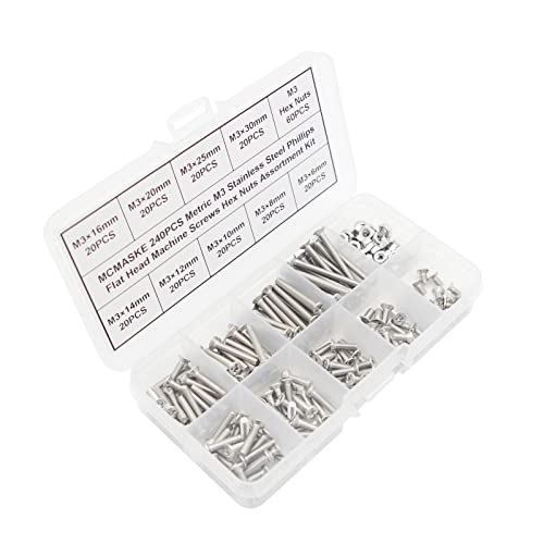 240PCS M3 Stainless Steel Phillips Flat Head Machine Screws Hex Nuts Assortment Kit