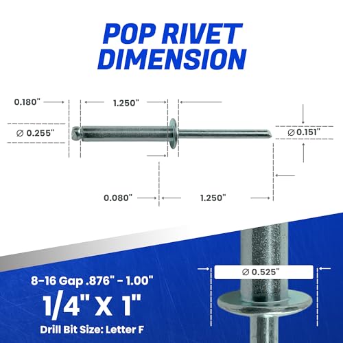 Fastenere Pop Rivets - 1/4" x 1" (25 pcs) Heavy Duty, Open-End, Low Carbon Steel, Dome-Head Blind Rivets, Corrosion-Resistant & High Shear Strength, 8-16 Gap 0.876"-1.00" 1/4" x 1" (8-16) (25 Pack)