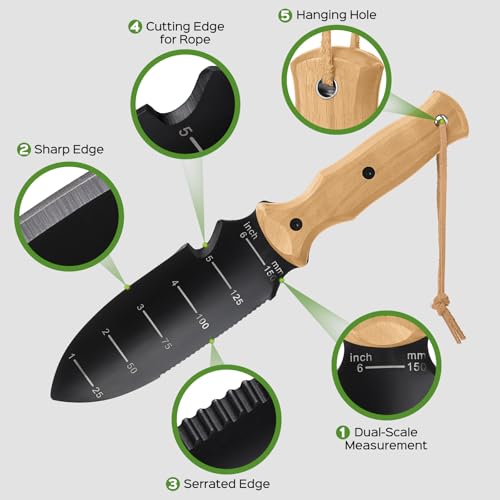 Garden Tools Trowel with EDC Sheath, 7" Garden Knife, Gifts for Women Mom Black & Beech