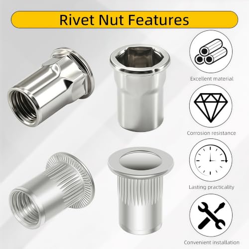 160Pcs M3 M4 M5 M6 M8 M10 Half Hex Body and Round Flat Head Rivet Nuts Assortment Kit for Thin Sheet Metal Furniture Automotive
