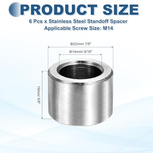 MECCANIXITY 6pcs M14 Metal Spacers, 9/16" IDx7/8" ODx5/8" Length Stainless Steel Spacer Round Unthreaded Standoff Bushing Plain Finish for Screw Bolts, Silver 14x22x15mm M14 x 22 x 15 mm