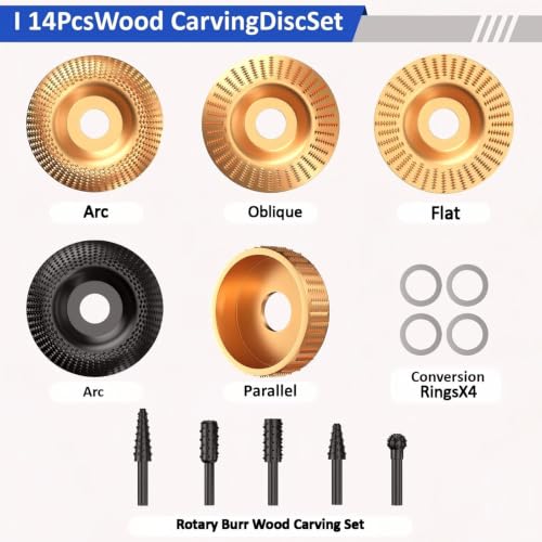 14PCS Wood Carving Disc Set for 4" & 4.5" Angle Grinder, 5 Shapes