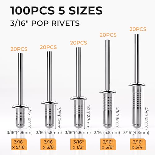 INCLY 200Pcs 3/16 Inches Pop Rivets Assortment Kit with Washers 200Pcs 3/16" Silver