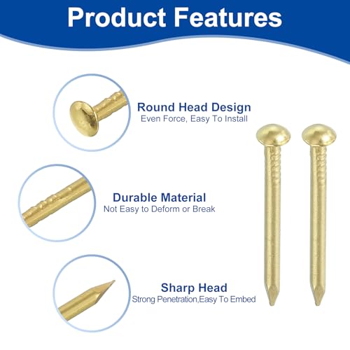 uxcell 100Pcs Small Hardware Nails, 2 x 25mm Brass Round Head Nail Common Finishing Nail for Household Woodworking Picture Hanging DIY Projects, Gold 100