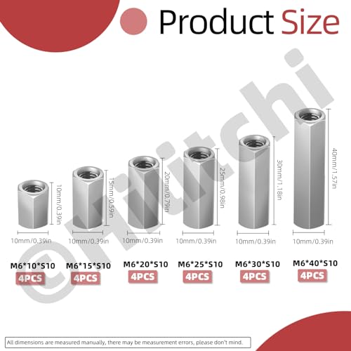 Hilitchi 24Pcs M6 Hex Coupling Nut 304 Stainless Steel Rod Coupling Nuts M6 Hexagon Coupling Nuts 10mm 15mm 20mm 25mm 30mm 40mm Metric Hex Coupling Nut Threaded Rod Connector for Office Equipment