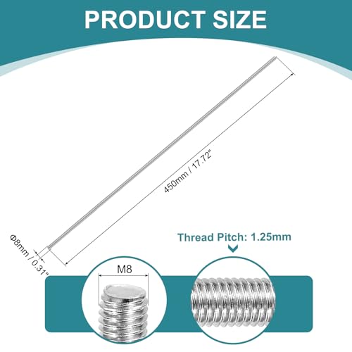 uxcell 2Pcs Fully Threaded Rod, M8-1.25 Thread Pitch 450mm Length Stainless Steel Right Hand Fully Threaded Studs with Nuts and Washers for Clamps, Hangers and U-Bolts M8 x 450mm 2