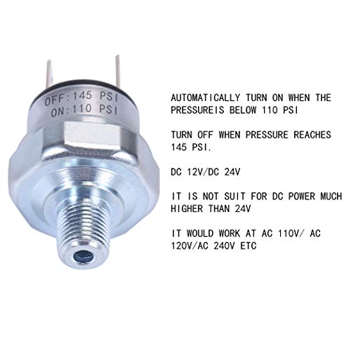 Air Pressure Switch 110-145 PSI, 1/8"-27 NPT, DC 24V/12V, Silver, Automatic