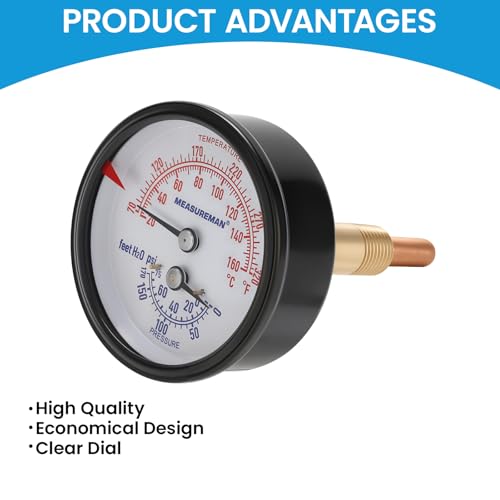 MEASUREMAN Commercial Tridicator, 2.5" Dial, 1/4" NPT Back Mount, Dual Scale 0-75 PSI 70-320°F, Rotatable Case with Adjustable Pointer（2.95'' Stem） 0-75 PSI 60-320°F 2.95'' Stem,2.5",No adapter connector