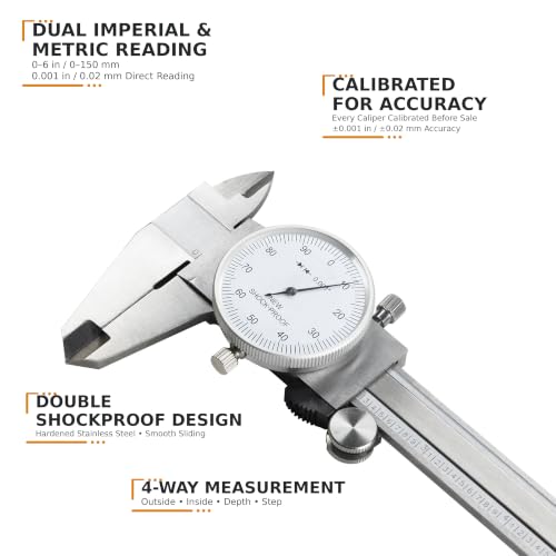 HFS 2PCs/Pack 0-6 Inch Dial Caliper, ±0.001 Inch Accuracy, 4-Way Precision Measuring Tool for Inside, Outside, Depth and Step Measurements, Shockproof Design with Protective Storage Case 0-6" Carbon Steel 2PCS