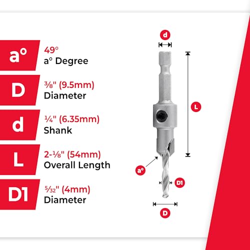 Amana Tool Carbide Tipped 82 Degree Countersink Drill Bit, 55269, 3/8 D x 49 Deg x 1/4 Quick Release Hex Shank for Wood Screw 12 to 14