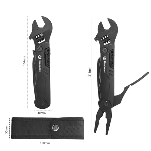 Hanboost Multitool Wrench 19 In 1 Multipurpose Camping Gear Pocket Size Adjustable Wrench with Pliers, Wire Cutter, Cutting Saw, Bottle Opener for Maintenance, Camping and DIY,Gift for Him Matte Black