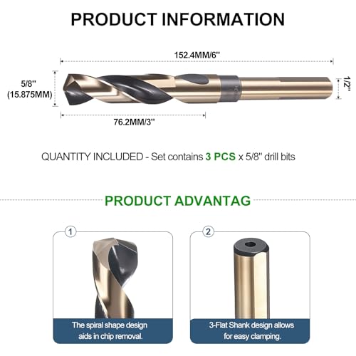 METALLIXITY Drill Bit 5/8" 3pcs, 1/2" Shank 3-Flat M35 5% Cobalt HSS 5/8" (15.875mm) 1/2"