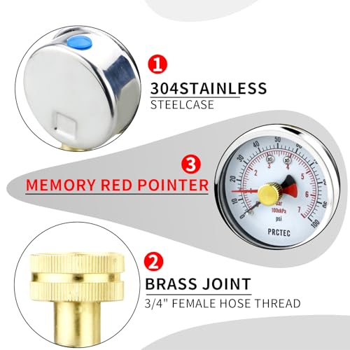 2.5'' Dial Size Water Pressure Gauge,3/4 Inch Female Hose Thread,Waterproof Pressure Gauge, Water Pressure Tester for Home and Garden (Memory Pointer 0-100psi) Memory Pointer 0-100psi