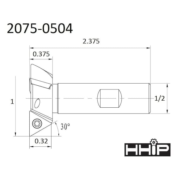 HHIP 2075-0504 3 Flute 60 Degree Indexable Dovetail Cutter, 1" x 1/2" Shank 1 in