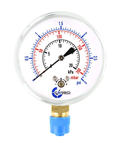 Diaphragm Low Pressure Capsule Gauge, 2-1/2" Dial, 3 PSI Range, 1/4" NPT Lower Mount, Chrome Steel Case, Brass Internals, Adjustable, Scales 3 PSI / 20 kPa / 200 mBar