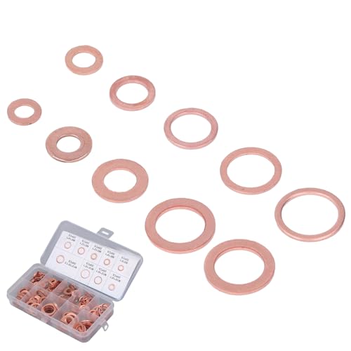 Copper Oil Drain Washers Kit, High-Temp Red Sealing Gaskets, 200Pcs 9-Size Assortment for Automotive Engine Oil Changes