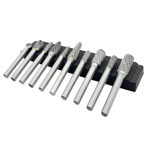 10Pcs Carbide Burr Set for Die Grinder Bits,1/4" Shank Double Cut Rotary Tool Bits | Metal, Wood, Plastic Working | Grinding, Engraving, Milling, Polishing | Durable Tungsten Carbide