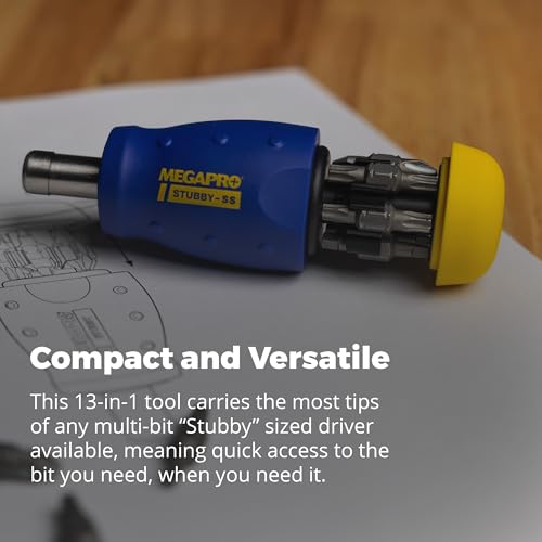 MEGAPRO® 13-in-1 Stubby Multi-Bit Screwdriver | Compact Driver | Small Screwdrive | Multi-bit Screwdriver for Tight Spaces