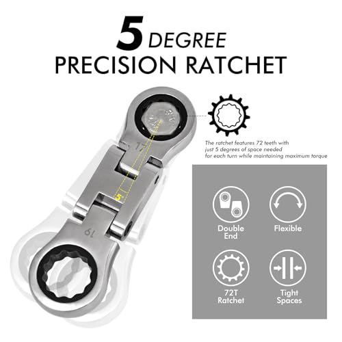 Stubby Wrenches Set, 72-Tooth Flex Head Ratcheting Wrench Set, Compact Double Box End Ratchet Wrench Metric 8-19mm 5 Pieces for Tight Spaces