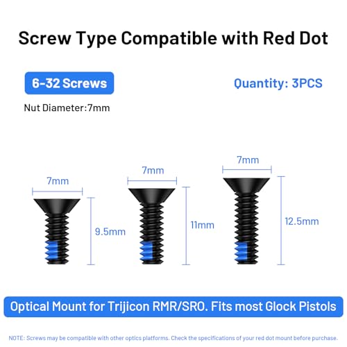 Red Dot Screw Kit 9 Pcs #6-32 Screw Diameter 7mm Includes 9.5mm/11mm/12.5mm