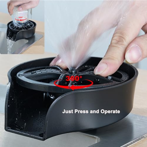 2 in1 Glass Rinser for Kitchen Sink, High Pressure 360 Degree Rotating Cup Washer with Pull-Out Spray Gun, Glass Cup Cleaner Sink Attachment Washer Clean Cups Bottles (Black) Black