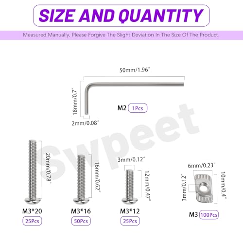 Swpeet 201Pcs M3 Nickel Plated T Nuts Screws with Hex Wrench Assortment Kit, M3×12/16/20 Button Head Hex Socket Head Cap Bolts, T Slot Nut Hammer Head Fastener for 2020 Series Aluminum Profile Groove