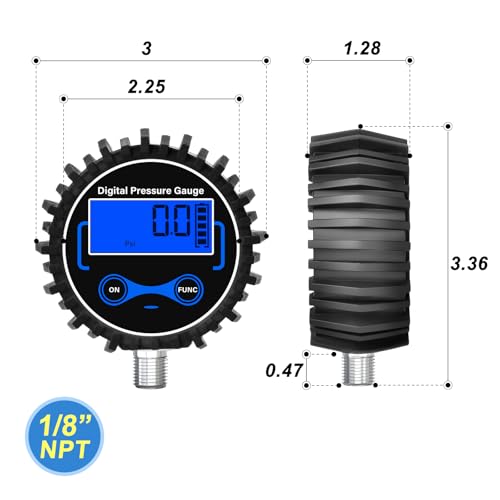 MEANLIN MEASURE 0-300PSI Digital Pressure Gauge with Rubber Cover, Lower Mount, Accuracy 1%, Resolution 0.1psi, with 1/8" x 1/4" and 1/8" x 3/8" NPT Hex Bushing 0 - 300 PSI Lower Mount (1/8 NPT)