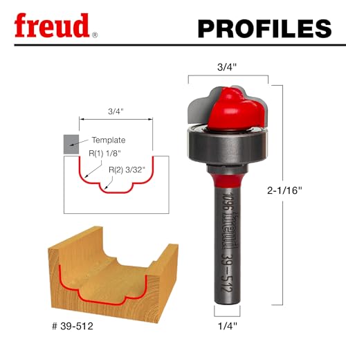 Freud 39-512: 3/4" (Dia.) Top Bearing Double Cove Groove Bit with 1/4" Shank