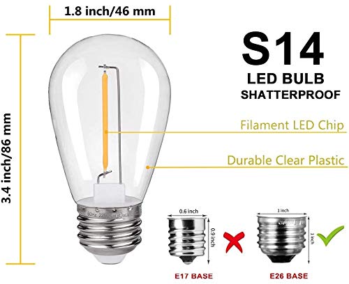 KGC 48Pack Shatterproof & Waterproof S14 Replacement LED Light Bulbs –1W Equivalent to 10W, White Warm 2200K Outdoor String Lights Vintage Filament Bulb, E26 Base Edison LED Bulbs S14 48pack
