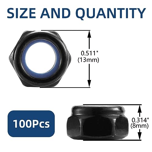 M8 x 1.25mm Nylon Insert Hex Lock Nuts 100Pcs 304 Stainless Steel Locknuts, Hex Drive, Black Oxide by SG TZH M8 100