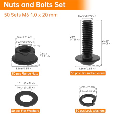 50 Sets M6-1.0 x 20 mm Black Flanged Button Head Socket Cap Screws Nuts Flats & Lock Washers, 304 Stainless Steel Hex Socket Fastener Bolt Assortment Kit with Hex Wrench