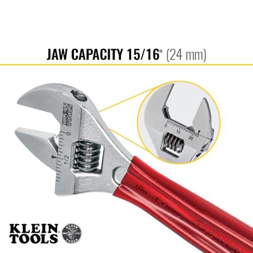 Klein Tools D507-6 Adjustable Wrench, Extra Capacity Jaw Forged Drive Wrench with High Polish Chrome Finish, 6-1/2-Inch Dipped Handle, 6-Inch