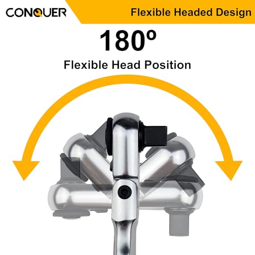 CONQUER 3/8" Drive Flex Head Ratchet Wrench, 4" Stubby Length Stubby Flex Head