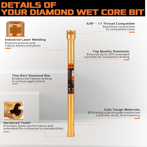 KSEIBI 619035 Wet Drill Core Bits 1-3/8" for Concrete, Marble, Granite, Brick, and Hard Masonry 13" Drilling Depth, 10mm Segment Height 5/8"-11 Arbor, Wet Only Hole Saw 1-3/8" (35MM) Wet Core Bit